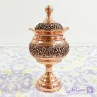 قندان مسی پایه دار گل برجسته قلم کاری رنگ ثابت زنجان
