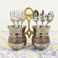 جا قاشقی دوقلو مسی گل برجسته تراش شده دو رنگ