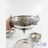 سرویس پذیرایی 3تیکه (غیر از آجیل خوری) مسی کروم شده و نانو شده مدل اطلس گل کاری چکش کاری شده