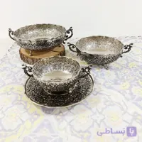 سرویس پذیرایی مسی سه پایه دسته دار سلطنتی کروم و نانو شده چهار تیکه زنجان طرح گل برجسته