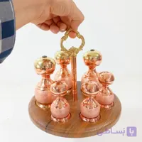 سرویس پاسماوری جا ادویه و نمکدان مسی با استند چوبی