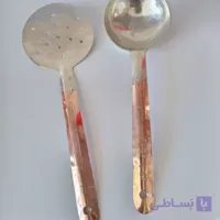 ست کفگیر و ملاقه دورنگ مسی دست ساز ، دسته مسی بدنه قلع شده باهم