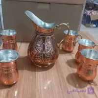 پارچ الماس تراش و شش عدد لیوان تمام مسی زنجان رنگ ثابت