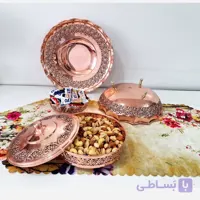سرویس پذیرایی چهار تیکه مسی طرح گل برجسته قلم رنگ ثابت
