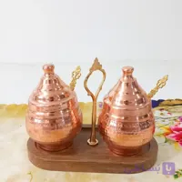 مربا خوری مسی دوتایی قاشق دار با استند چوبی (مناسب ادویه )