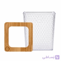 سطل زباله رومیزی کریستالی شفاف با دسته طلایی و درب چوب