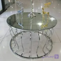 میز جلو مبلی عسلی قهوه خوری پاف مدل پیتزایی گرد کروم نقره ای