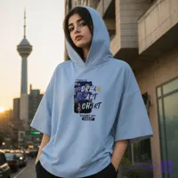 تیشرت باکسی کلاه دار چاپی