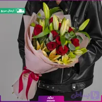 دسته گل رز قرمز با لیلیوم
