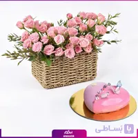 سبد گل رز مینیاتوری به همراه کیک قلبی