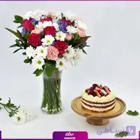 دسته گل رز و داوودی به همراه کیک ردولوت
