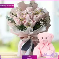 دسته گل رز صورتی با خرس (ارسال گل به تورنتو) (کد UPD2P)