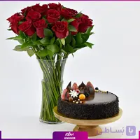 دسته گل رز قرمز تک شاخه به همراه کیک