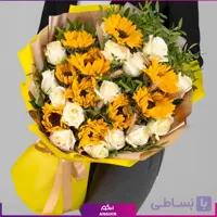 دسته گل ترکیبی آفتابگردان با گلهای رز سفید