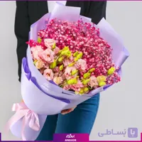 دسته گل لیسیانتوس تم صورتی با ژیپسوفیلا