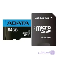 کارت حافظه‌ microSDXC ای دیتا مدل Premier V10 A1 کلاس ۱۰ استاندارد UHS-I U1 سرعت ۱۰۰MBps همراه با آداپتور SD ظرفیت 64 گیگابایت