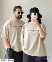 تیشرت باکسی کاپلی هم زنانه هم مردانه طرح Tommy جنس نخ پنبه خنک تابستانی آستین سه ربع کد 80306