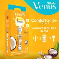 خودتراش زنانه ژیلت ونوس اولای ComfortGlide Coconut Plus Olay مدل ۵ تیغه به همراه ۲ سری یدک و نوار مرطوب‌کننده نارگیل