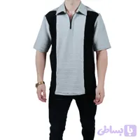 تیشرت آستین کوتاه مردانه طوسی خنک پارچه مراکشی طرح یقه نیم زیپ (کد 68H83)