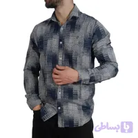 پیراهن آستین بلند مردانه آبی سفید طرح کنفی (کد DNJES)