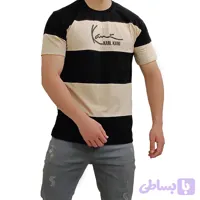 تیشرت آستین کوتاه مردانه کرم مشکی طرح رینگری (کد JHN8Y)
