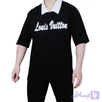 تیشرت آستین کوتاه مردانه مشکی نخ پنبه طرح یقه بلیزر (کد LL69M)