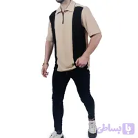 تیشرت آستین کوتاه مردانه کرم خنک پارچه مراکشی طرح یقه نیم زیپ (کد DLLDX)
