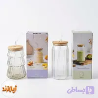 لیوان اسموتی پیرکس درب چوبی با نی شیشه‌ای
