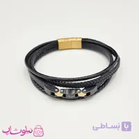 دستبند مردانه چرم استیل مدل کارتیه چندلاین مشکی طلایی کیفیت مستر کد 1150