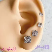 پیرسینگ گوش نگین مربع پایه نقره ای در 4 سایز
