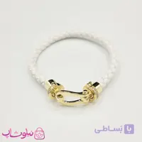 دستبند زنانه برند فرد Fred مدل چرم سفید با قفل طلایی نگیندار استیل کیفیت مستر کد 680