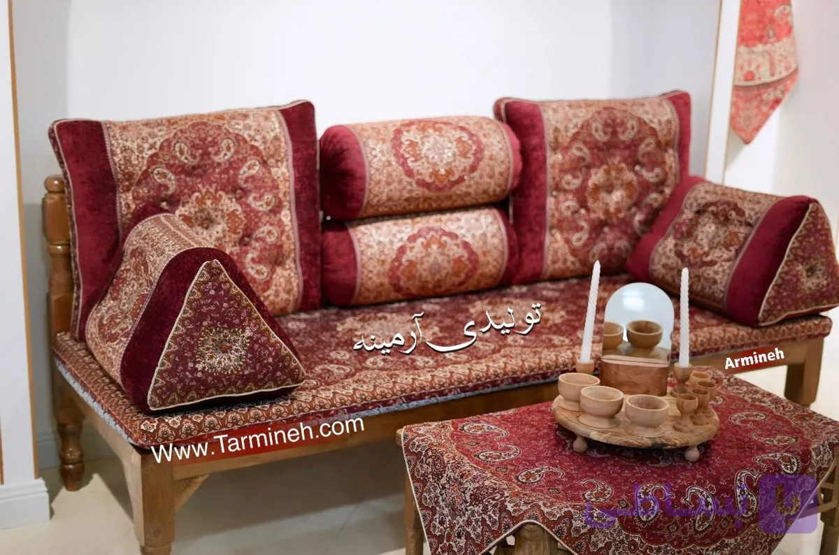 پشتی سنتی شاه نشین ترمه طرح ارکیده کنار مخمل پلاس – ست 7 تکه آلبالویی