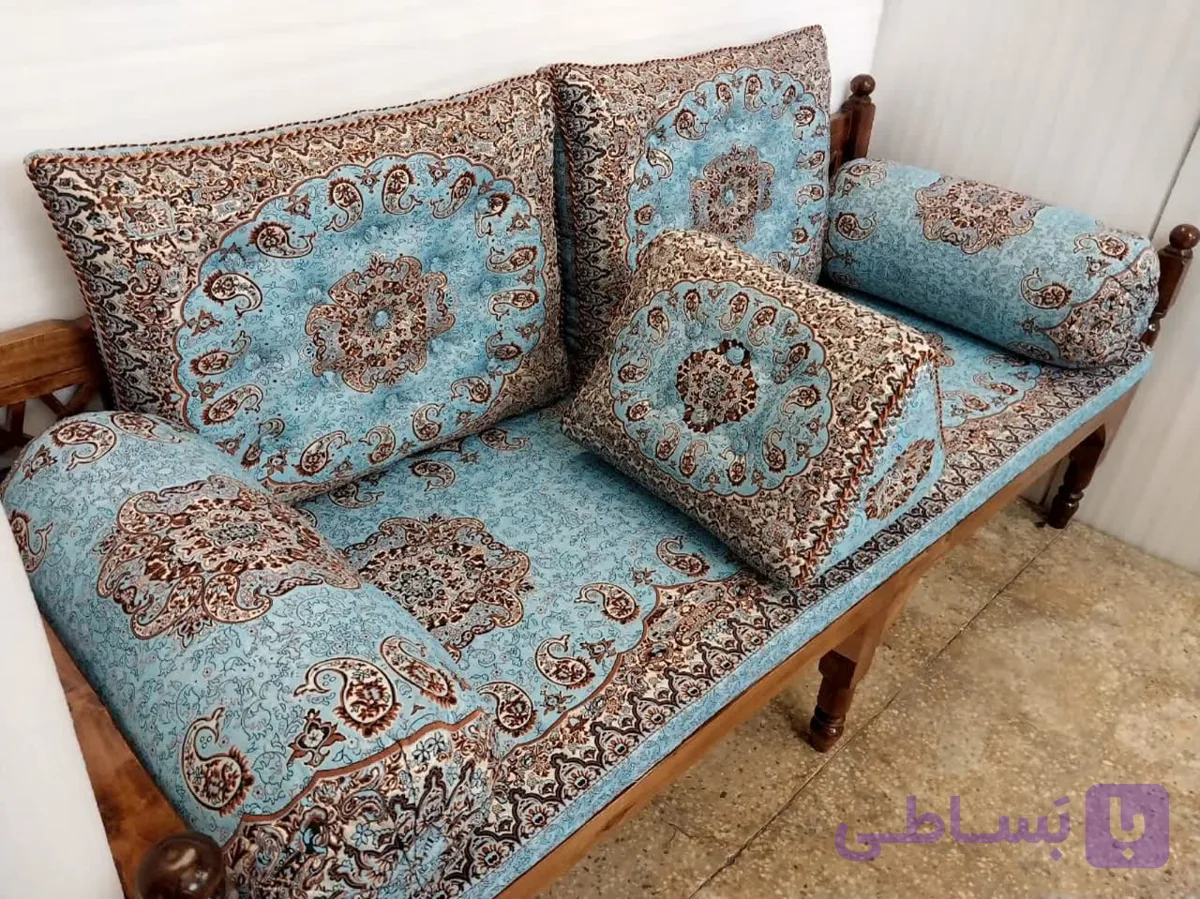 ست 6 تکه پشتی سنتی ترمه طرح نسترن رنگ آبی درباری