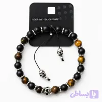 دستبند سنگی برند SIX مدل Tiger Eye & Skull – ترکیب چشم‌ببر و انیکس مات با نماد اسکلت