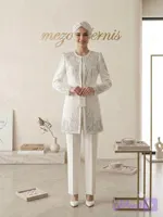 ست کت و شلوار سفید جواهردوزی و مرواریددوزی ترنیس _ کد ۱۶۵