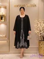 مانتو مشکی مجلسی با رویه حریر و نگین‌دوزی طرح‌دار _ کد ۱۹۳