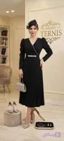 پیراهن میدی مجلسی مشکی زنانه ترنیس مدل یقه هفت نگین‌دار با دامن پلیسه‌دوز _ کد ۱۵۴