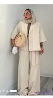 ست  کت وشلوار زنانه باکسی  پارمیس  جنس مازراتی مدل یقه انگلیسی با نمای جیب فیلتاپ مدل  کمر شلوار گره ای