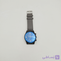 ساعت مردانه بند چرم طوسی صفحه آبی- یکسال ضمانت
