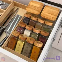 استند جا ادویه چوبی ۱۲ عددی با شیشه درب چوبی