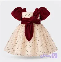 لباس مجلسی دخترانه کرم و زرشکی با آستین مخملی پفی و دامن توری خال‌دار L3096XZ 28