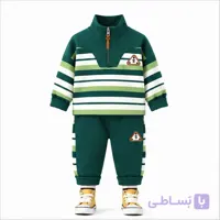 ست پسرانه دو تکه یقه‌دار زیپ‌دار سبز با راه‌راه و شلوار دمپا کد 52