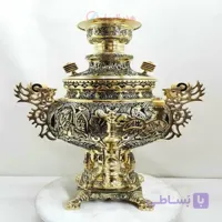 خرید و قیمت سماور برنجی زغالی ۸ لیتری، مدل عدسی، پایه ستوندار قلمزنی شمسه و سیاه قلم بزم و رزم - هنرظریف