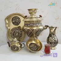 خرید سرویس سماور زغالی برنجی ۶ لیتری طرح گل و مرغ لبه ریخته | هنرظریف