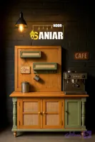کافی‌بار مدل بوهو - تمام چوب با درب‌های حصیری و قفسه‌بندی دکوراتیو