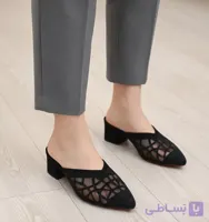 صندل زنانه مجلسی جلو بسته توری نگین دارپاشنه کوتاه