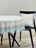 رومیزی گرد مخمل شانل  طرح حاشیه آبی ضد لک کد 597