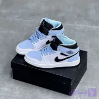 کفش نایک ایر جردن وان ساقدار سفید آبی Nike Air Jordan 1 High White Blue