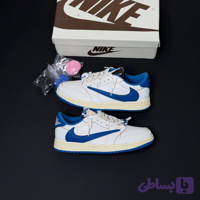 کفش نایک ایر جردن وان لو فرگمنت تراویس اسکات میلیتاری آبی کرم Nike Air Jordan 1 Low Fragment Travis Scott Military Blue Cream