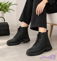 نیم‌بوت زنانه مشکی چرم صنعتی مدل بنددار و زیپ‌دار (زیره لژدار) (کد 65OOS)